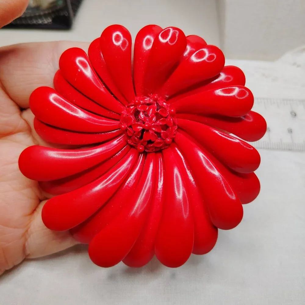 1960s Red Enamel Flower Brooch • Tiered Petals & Filigree Center • 3”